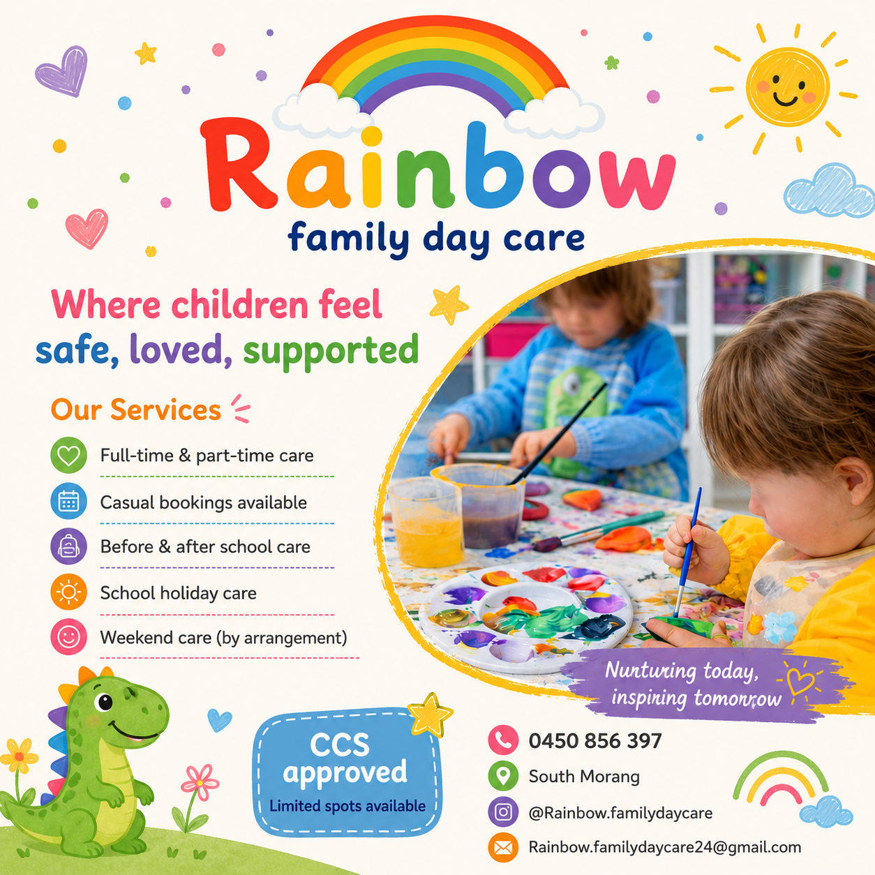 Rainbow Family Day Care colourful poster with children painting